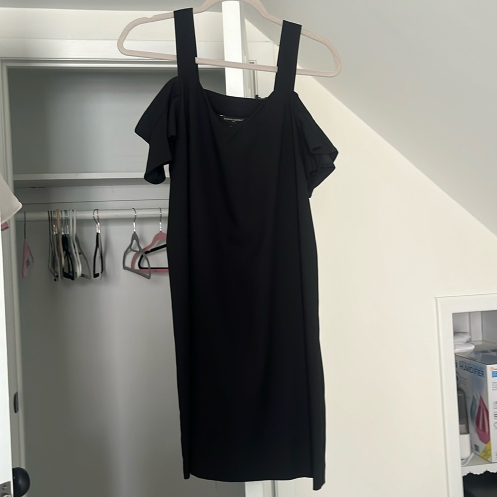 Peep shoulder black knee length cocktail dress